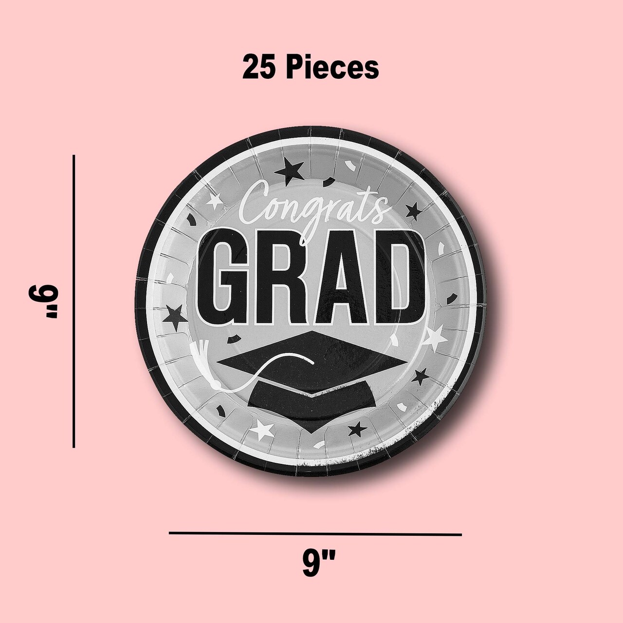 25 Count Silver Congrats Grad 9 Inch Round Plates for Elegant Graduation Party Decor
